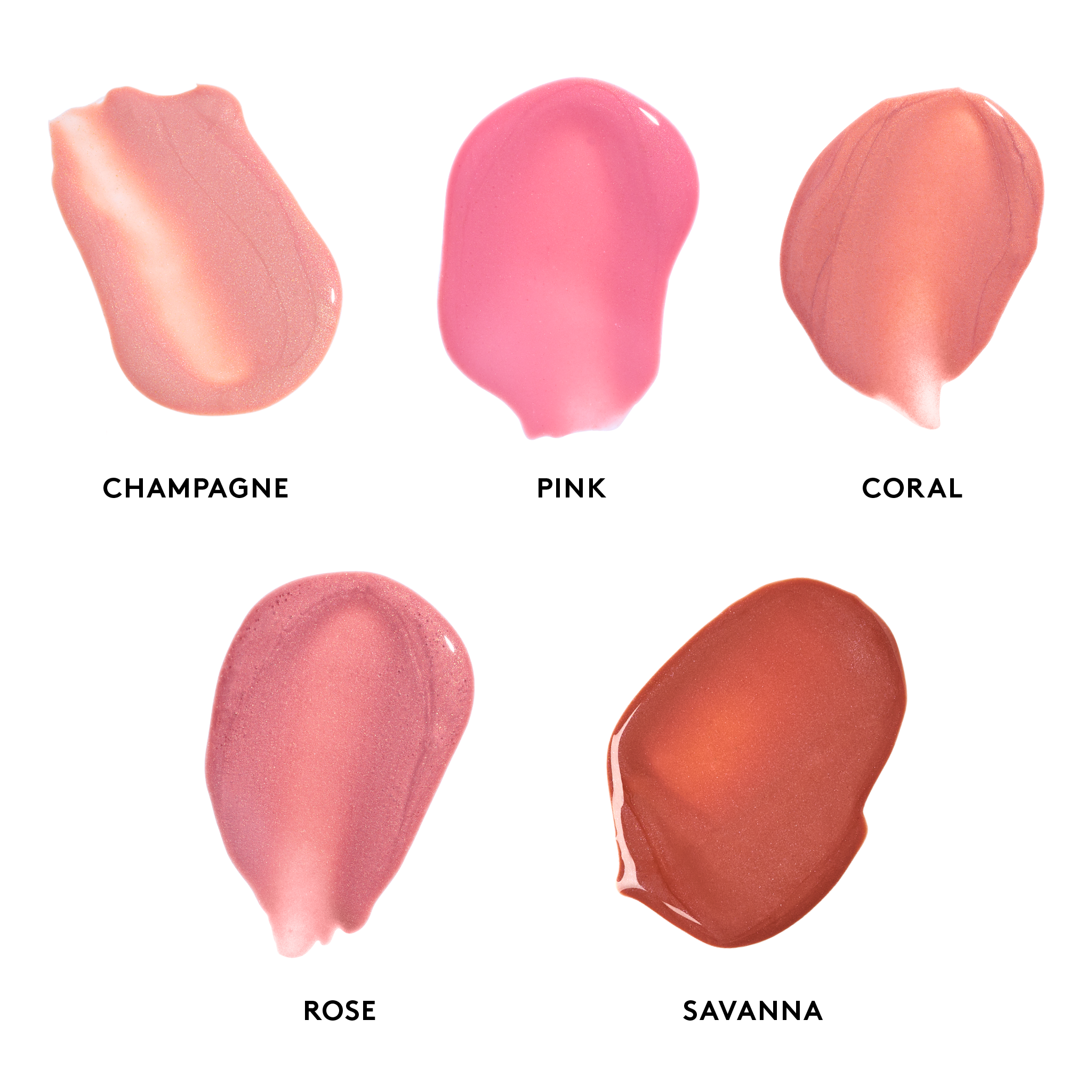 Peptide Lip Shine SPF 30 swatches left to right: Champagne, Pink, Coral, Rose, Savanna || all