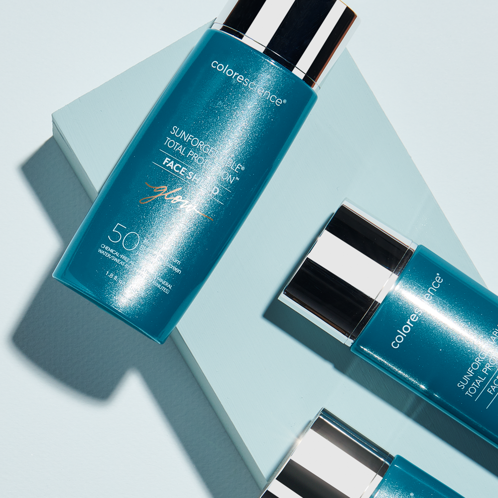 Bottles of Sunforgettable® Total Protection™ Face Shield Glow SPF 50 || all